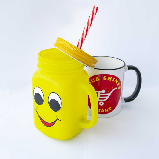 Cool Yellow Glass Mug With Emoji & Straw