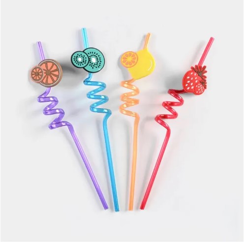 Spiral Fancy Straw (Pack of 4) 3D Fruity Shapes Washable and Re useable