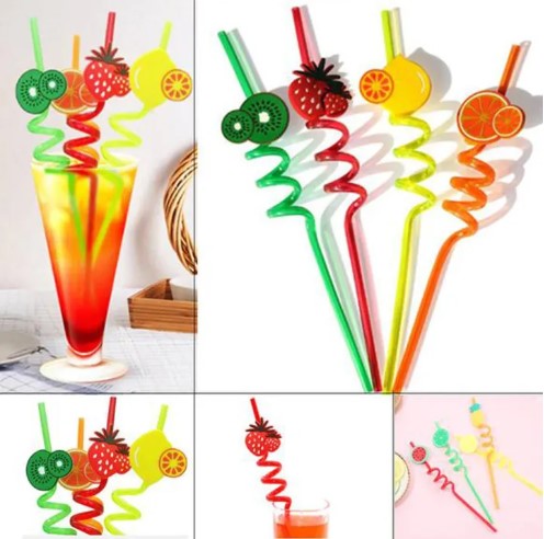 Spiral Fancy Straw (Pack of 4) 3D Fruity Shapes Washable and Re useable