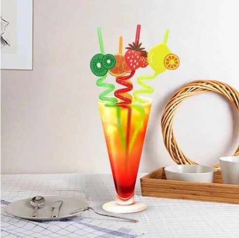 Spiral Fancy Straw (Pack of 4) 3D Fruity Shapes Washable and Re useable